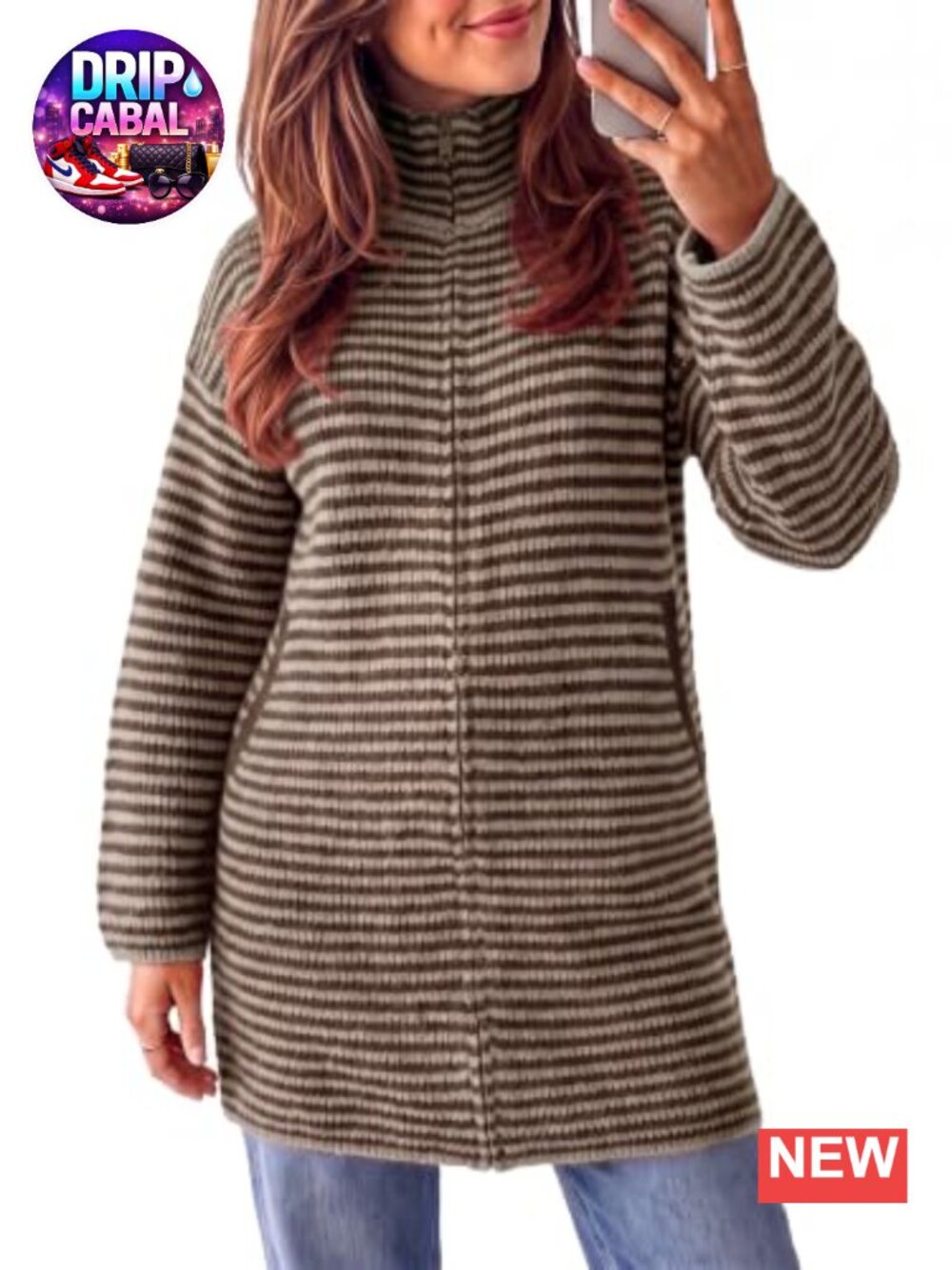 Women's Striped Cardigan Sweater Dress Chunky Knit Mock Neck Zip Up